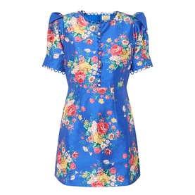 Queens of Archive Margot Dutch Floral Mini Dress in cobalt blue with floral print, short puff sleeves, button bodice and scallop trim detailing