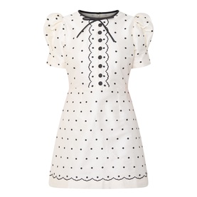 Queens of Archive Suki Mini Dress in White Polka; short puff sleeves, bow appliqu&eacute;, scallop trim, covered button placket, A-line mini silhouette