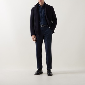 Model wearing Corneliani Stand-Collar Wool Jacket in navy, styled with matching navy trousers, dark shirt, and black leather shoes.