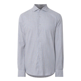 Grey and white micro-check long sleeve shirt with spread collar and button placket, displayed flat on invisible mannequin