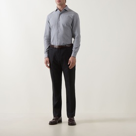 Model wearing grey long-sleeve shirt with dark tailored trousers, brown leather belt and dark brown leather shoes
