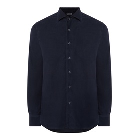 Corneliani navy cotton casual shirt with spread collar, button placket, and single-button cuffs