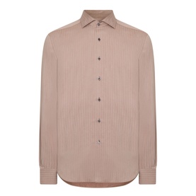 Corneliani Herringbone Tonal Striped Shirt in beige, spread collar, long sleeves, front button fastening, curved hem
