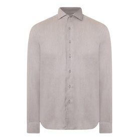 Taupe long-sleeve shirt with spread collar, button placket, and single button cuffs on plain background.