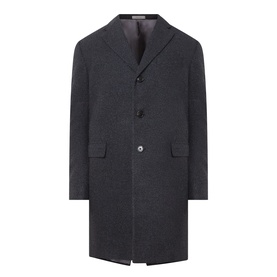 Charcoal grey single-breasted wool overcoat with notch lapels, three-button fastening, and flap pockets