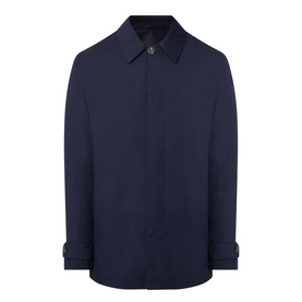 Corneliani Technical Waterproof Car Coat in navy with concealed button fastening, snap button cuffs, and point collar. No model.