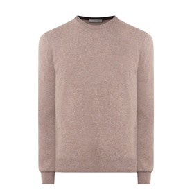 Corneliani Logo Knitted Sweater in taupe, crew neckline, long sleeves, ribbed cuffs and hem, soft wool-cashmere knit finish