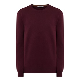 Corneliani burgundy crew neck jumper in 90% virgin wool and cashmere blend, ribbed cuffs and hem, plain knit body