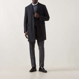 Model wearing Corneliani Straight Leg Formal Trousers in grey, styled with a dark overcoat, grey knitwear, and black loafers.