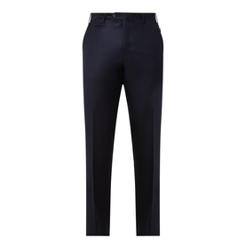 Corneliani Straight Leg Formal Trousers in navy wool blend with pressed creases, belt loops, and zip fly fastening