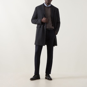 Model wearing Corneliani Straight Leg Formal Trousers in navy, styled with a charcoal overcoat, brown knit and black loafers.