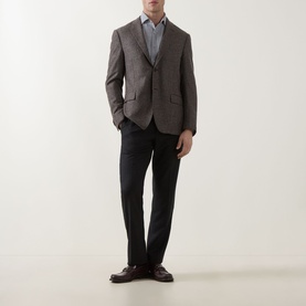 Model wearing Corneliani brown virgin wool blend jacket, styled with blue shirt, dark trousers and burgundy loafers.