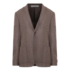 Corneliani Boucle Checked Single-Breasted Blazer in brown, two-button fastening, peak lapels, flap pockets, textured wool fabric