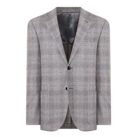 Corneliani stone check wool blazer jacket with notch lapels, two-button front, and welt chest pocket