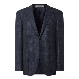 Corneliani navy check wool blazer jacket with notch lapels, two-button fastening and flap pockets