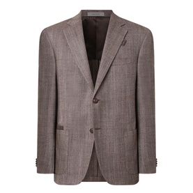 Corneliani brown virgin wool and silk blazer jacket with two-button fastening, notch lapels, and functional cuff buttons