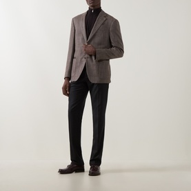 Model wearing Corneliani brown virgin wool and silk blazer jacket, styled with black trousers and turtleneck, brown leather shoes
