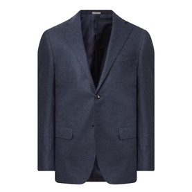 Corneliani dark blue wool blazer jacket with single-button fastening, notch lapels, and flap pockets