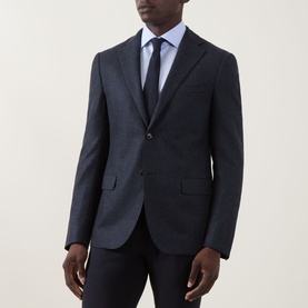Model wearing Corneliani dark blue wool blazer jacket, styled with light blue shirt and navy tie