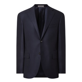 Corneliani navy virgin wool cashmere blend two-button blazer jacket with notch lapels and flap pockets