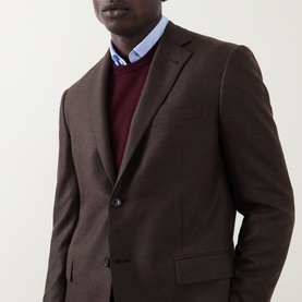 Model wearing Corneliani brown wool jacket, styled with burgundy knit sweater and light blue shirt underneath