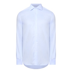 Corneliani blue single cuff regular formal shirt in 100% cotton, with classic collar and long sleeves, on white background.