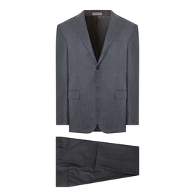 Corneliani Flannel Two-Piece Suit in grey wool, single-breasted jacket with notch lapels and straight-leg trousers, flat lay