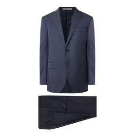 Corneliani Tonal Herringbone Two-Piece Suit in dark blue, single-breasted jacket with notch lapel, paired with straight-leg trousers