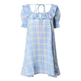 Damson Madder Harlow Check Mini Dress in blue check, ruffle yoke neckline, shirred short sleeves, scoop back with self-tie, mini length