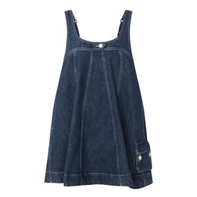 Damson Madder Immy Denim Mini Dress in blue with square neckline, adjustable straps, pleated detail and patch pocket at hem.