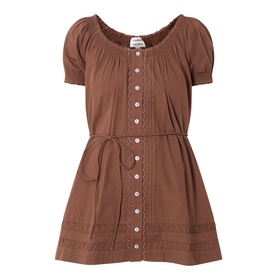 Damson Madder Jayne Embroidered Mini Dress in chocolate with puff sleeves, scoop neck, button front, self-tie belt and embroidered detail.