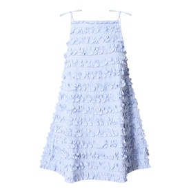 Damson Madder blue sleeveless cotton mini dress with tiered 3D floral petal trim and spaghetti straps, A-line silhouette