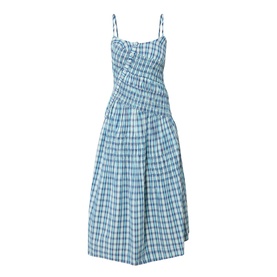 Damson Madder Lyra Panelled Tomboy Check Dress in blue check, spaghetti straps, shirred bodice, asymmetric button placket, flared midi skirt