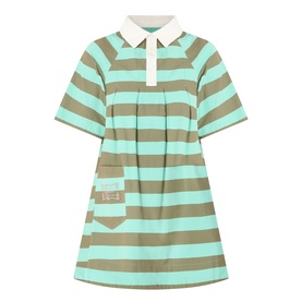 Damson Madder Maggie Polo Dress in mint and khaki two-tone stripe, contrast white collar, short sleeves, patch pocket, mini length