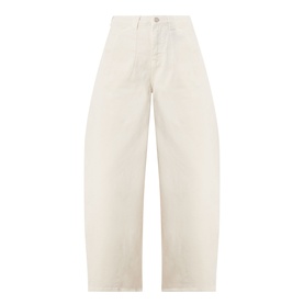 Damson Madder Erika Barrel Leg Jeans in stone, 100% cotton with barrel-shape legs, belt loops, and zip fly fastening