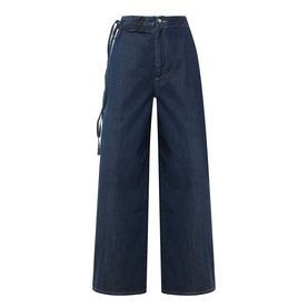 Damson Madder Augusta Mid-Rise Straight Leg Jeans in dark indigo with frill tie waist detail, belt loops, and wide straight-cut legs