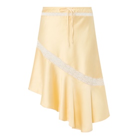 Damson Madder Delphia Embellished Skirt in yellow satin with diagonal lace trim, drawstring waist, and asymmetric hem