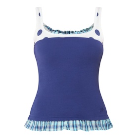 Damson Madder navy cotton cami top with white polka dot bust detail, ruched neckline and blue plaid frill hem