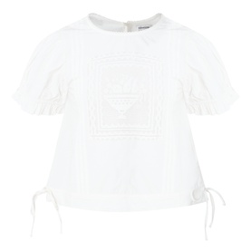 Damson Madder white cotton top with puff sleeves, embroidered square panel, and side tie details