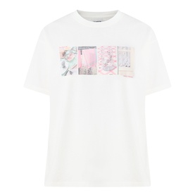Damson Madder off white cotton T-shirt with four-panel pastel pink graphic print on chest, short sleeves, crew neck
