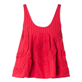 Damson Madder Stella Ruffle Cami in red with scoop neckline, wide straps, tonal ruffle detailing and flared hem