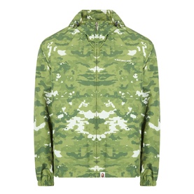 BAPE Pixelated Camo Print Logo Windbreaker in green camouflage with zip fastening, adjustable hood, elasticated cuffs and chest logo detail