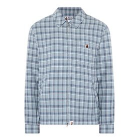 BAPE Felt Logo Check Print Shirt in navy, check print, point collar, two-way zip fastening, felt logo patch on chest pocket