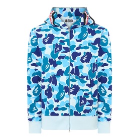 BAPE blue camouflage zip-up hoodie with striped drawstring hood and front zip fastening