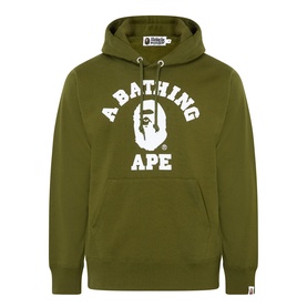 A Bathing Ape classic college logo pullover hoodie in olive green with white graphic print and kangaroo pocket
