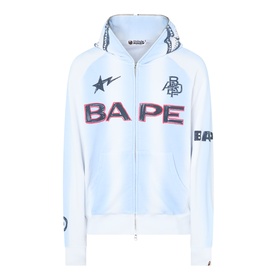 BAPE Hand Drawn Football Zip Hoodie in white with large logo graphic, zip fastening, hooded neckline and long sleeves