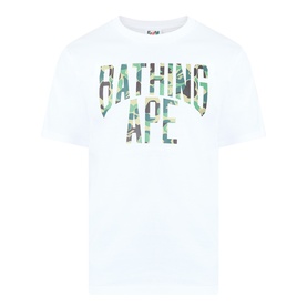 BAPE Camouflage NYC Logo T-Shirt in white, featuring green camo-print NYC logo lettering, round neck, and short sleeves