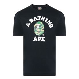 BAPE ABC Camouflage College Logo Shirt in black with green camo ape motif graphic and white varsity-style text, round neck, short sleeves