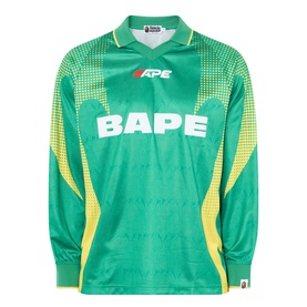 BAPE Logo Football Jersey Long-Sleeved T-Shirt in green with yellow gradient detail, white BAPE chest logo, open collar, long sleeves