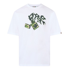 BAPE Lighter Relaxed Fit T-Shirt in white with green flame and lighter graphic print on chest, crew neck, short sleeves